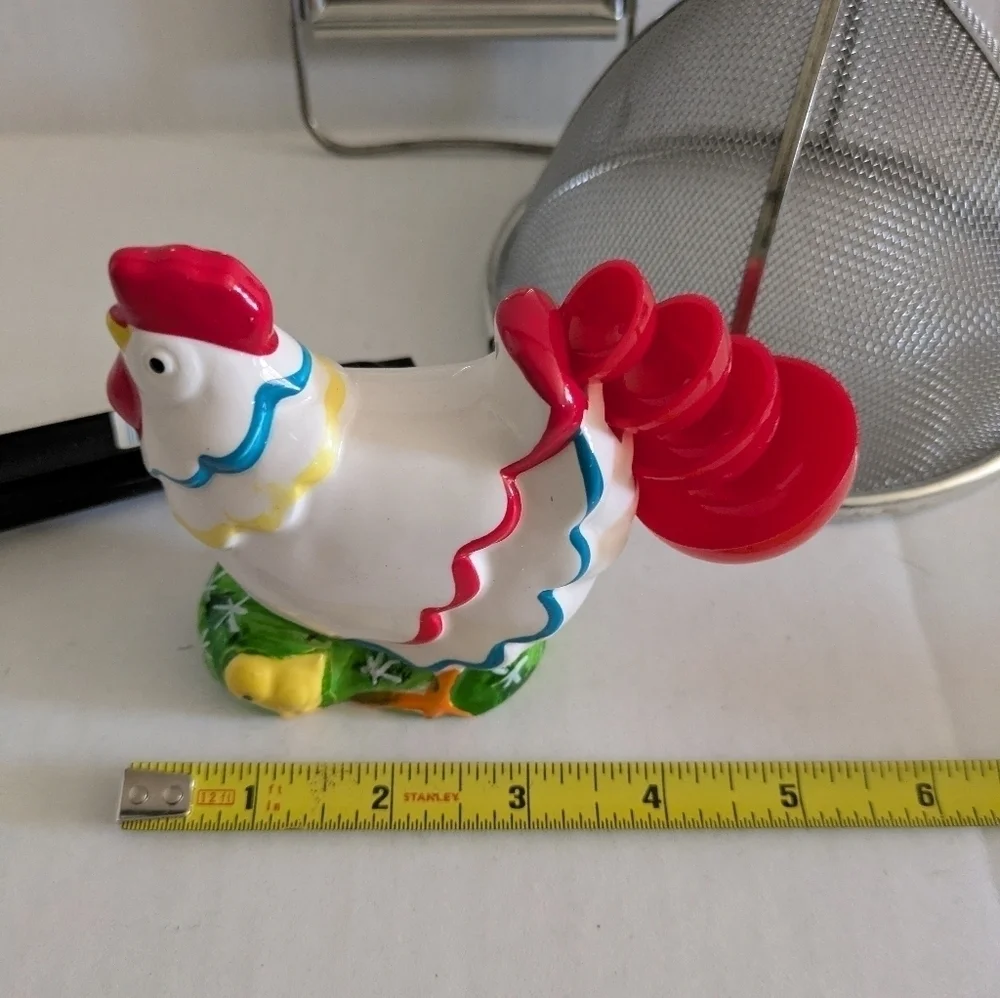 Vintage Rooster Ceramic Measuring 4 Spoon Holder. Ekco grater and strainer.